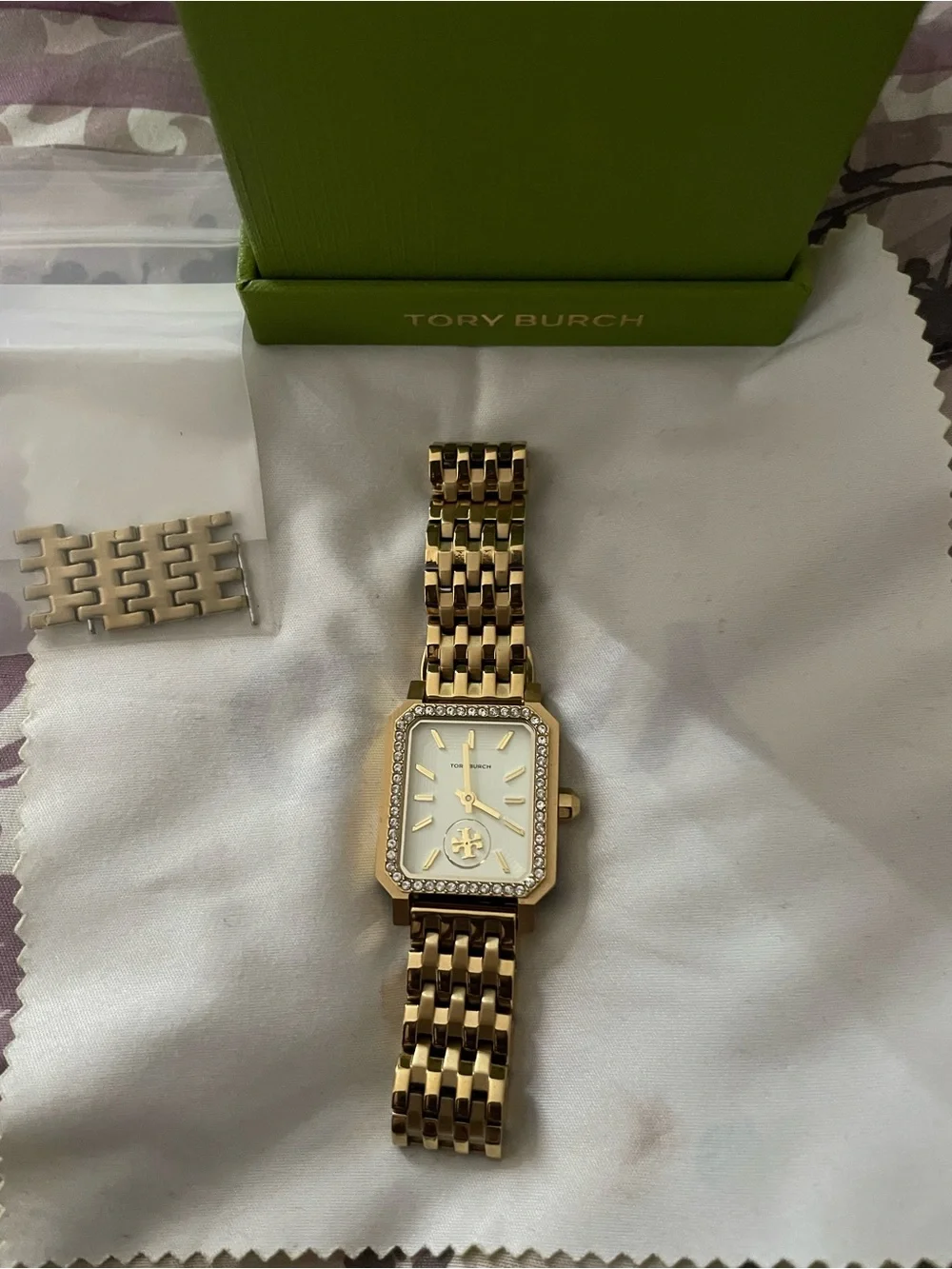 Tory Burch Goldtone Crystal-Trim Rectangular Bracelet Watch